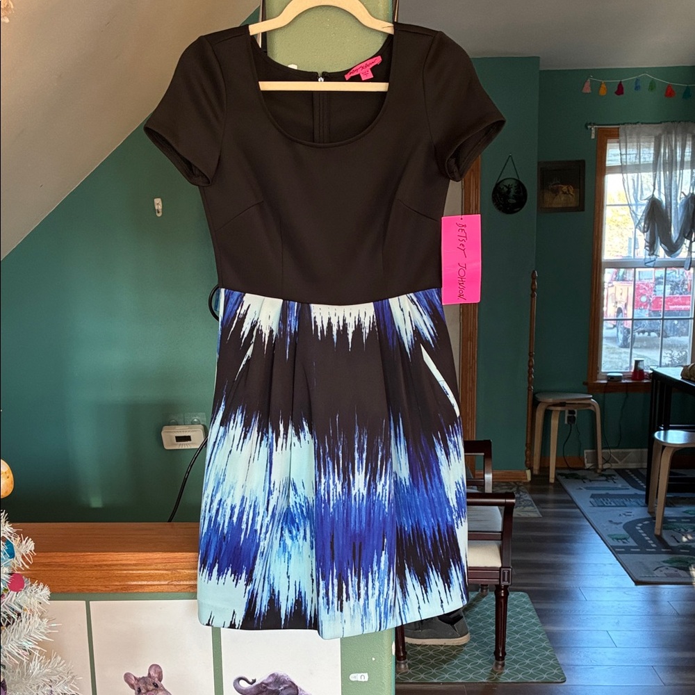 Betsey Johnson Black Bodice Blue Print Fit-and-Flare Dress (NWT)